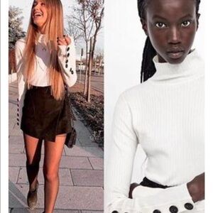 𝅺ZARA Cream Ribbed High Neck Button Detail cropped Sweater sz Small
